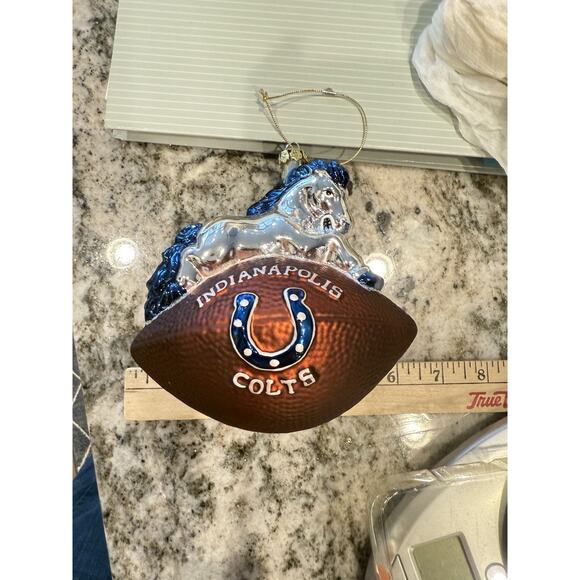 NFL Indianapolis Colts Hand painted Blown Glass Mascot w/Football Ornament NIB - Picture 3 of 6